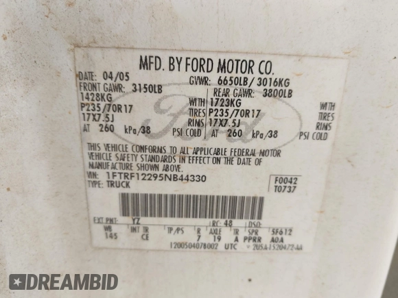 2005 Ford F-150 XL with VIN 1FTRF12295NB44330, listed as a IAAI auction lot 42726379 with 243,899 mi miles and . Bid and sale history available at DreamBid. Image 9.