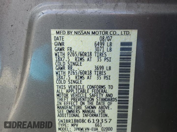 2008 Nissan Pathfinder LE with VIN 5N1BR18B08C619357, listed as a Copart auction lot 45152395 with 266,201 mi miles and Salvage Title. Bid and sale history available at carsss.com. Image 14.