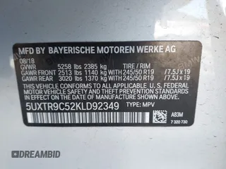 2019 BMW X3 xDrive30i with VIN 5UXTR9C52KLD92349, listed as a IAAI auction lot 41962148 with Not Provided miles and . Bid and sale history available at DreamBid. Image 9.