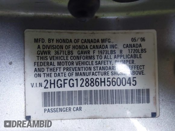 2006 Honda Civic EX with VIN 2HGFG12886H560045, listed as a IAAI auction lot 42091942 with 278,043 mi miles and . Bid and sale history available at DreamBid. Image 9.