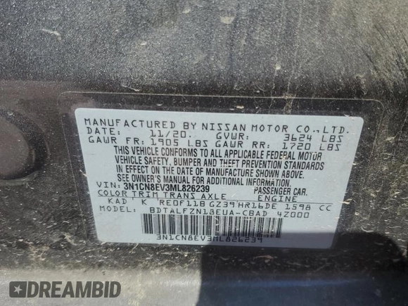 2021 Nissan Versa SV with VIN 3N1CN8EV3ML826239, listed as a Copart auction lot 55220725 with 89,019 mi miles and Salvage Title. Bid and sale history available at DreamBid. Image 12.