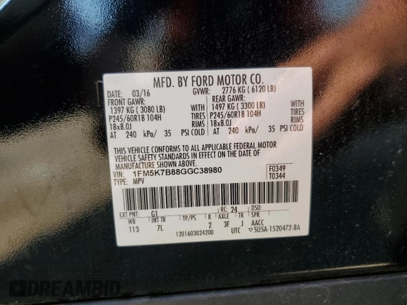 2016 Ford Explorer с VIN 1FM5K7B88GGC38980, выставлен на аукционе Copart как лот 60244075 с пробегом 119 294 миль миль и Списание • Salvage title. История ставок и продаж доступна на DreamBid. Изображение 13.