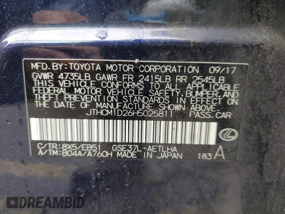2017 Lexus IS 300 with VIN JTHCM1D26H5025811, listed as a Copart auction lot 56952125 with 49,627 mi miles and Salvage title. Bid and sale history available at DreamBid. Image 13.