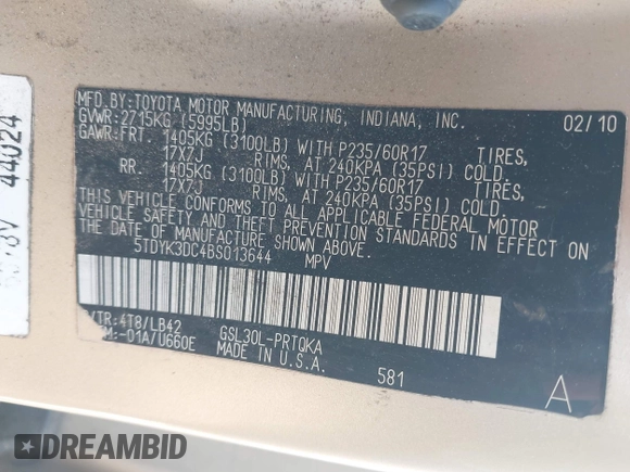 2011 Toyota Sienna XLE AAS with VIN 5TDYK3DC4BS013644, listed as a IAAI auction lot 41905759 with 208,800 mi miles and . Bid and sale history available at DreamBid. Image 9.