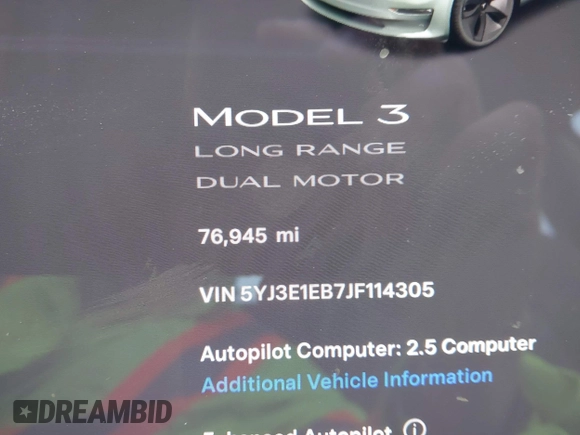 2018 Tesla Model 3 Long Range Battery with VIN 5YJ3E1EB7JF114305, listed as a IAAI auction lot 41765994 with 76,945 mi miles and . Bid and sale history available at DreamBid. Image 16.