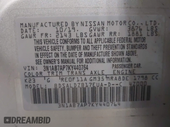 2019 Nissan Sentra S z VIN 3N1AB7AP7KY440764, wystawiony jako IAAI lot #41996693 z przebiegiem 34 594 mil mil oraz . Historia ofert i sprzedaży dostępna na DreamBid. Obrazek 9.