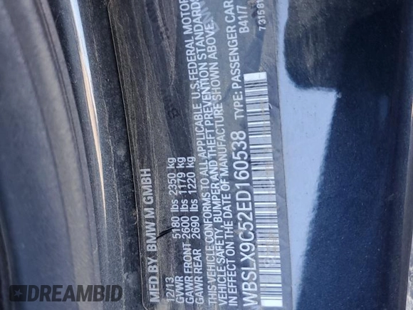 2014 BMW M6 z VIN WBSLX9C52ED160538, wystawiony jako Copart lot #64329095 z przebiegiem Nie podano mil oraz Szkoda całkowita • Salvage title. Historia ofert i sprzedaży dostępna na DreamBid. Obrazek 12.
