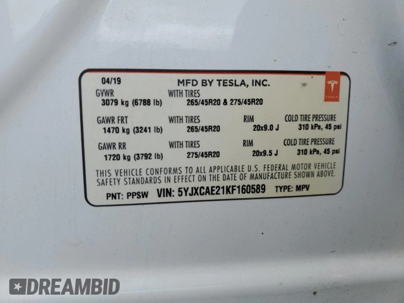 2019 Tesla Model X 75D with VIN 5YJXCAE21KF160589, listed as a Copart auction lot 50985585 with 31,273 mi miles and Salvage Title. Bid and sale history available at carsss.com. Image 14.