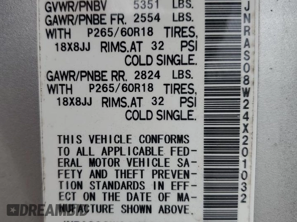 2004 Infiniti FX with VIN JNRAS08W24X201032, listed as a Copart auction lot 59367855 with 204,927 mi miles and Clean title. Bid and sale history available at DreamBid. Image 12.