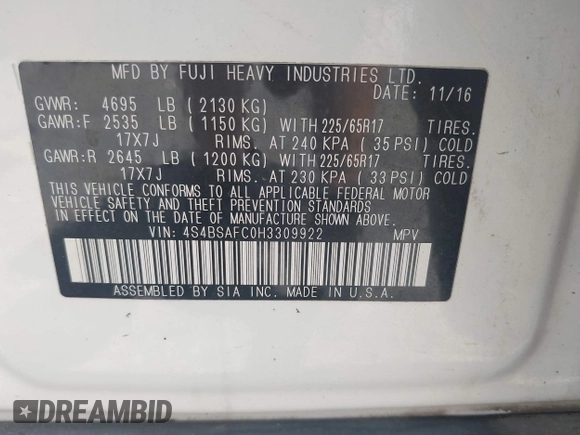 2017 Subaru Outback Premium с VIN 4S4BSAFC0H3309922, выставлен на аукционе IAAI как лот 42709072 с пробегом 102 180 миль миль и . История ставок и продаж доступна на DreamBid. Изображение 9.