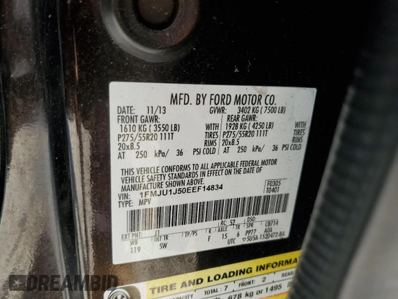 2014 Ford Expedition King Ranch z VIN 1FMJU1J50EEF14834, wystawiony jako Copart lot #56330715 z przebiegiem 159 420 mil mil oraz Szkoda całkowita • Salvage title. Historia ofert i sprzedaży dostępna na DreamBid. Obrazek 13.