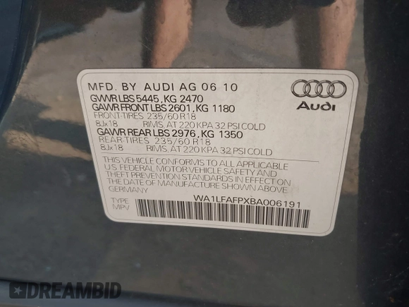 2011 Audi Q5 Premium Plus with VIN WA1LFAFPXBA006191, listed as a IAAI auction lot 42691469 with 122,692 mi miles and . Bid and sale history available at DreamBid. Image 9.