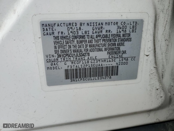 2018 Nissan Kicks SV with VIN 3N1CP5CU1JL534278, listed as a Copart auction lot 48813015 with 58,267 mi miles and Salvage Title. Bid and sale history available at carsss.com. Image 15.
