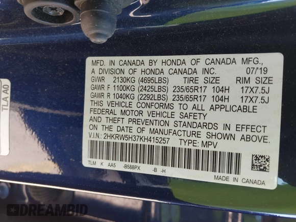 2019 Honda CR-V LX with VIN 2HKRW5H37KH415257, listed as a IAAI auction lot 41879318 with 156,721 mi miles. Bid and sale history available at carsss.com. Image 9.