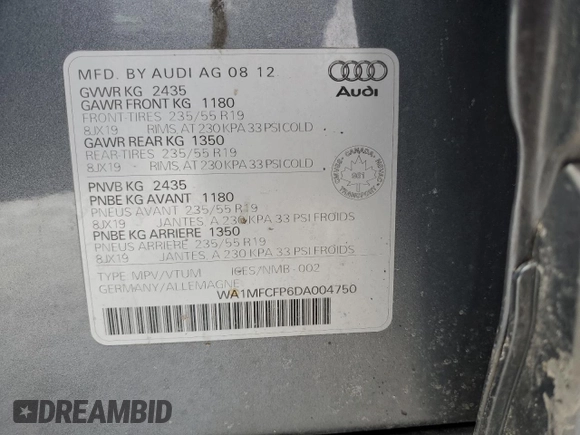 2013 Audi Q5 z VIN WA1MFCFP6DA004750, wystawiony jako Copart lot #41646924 z przebiegiem 263 470 mil mil oraz Szkoda całkowita • Salvage title. Historia ofert i sprzedaży dostępna na DreamBid. Obrazek 14.