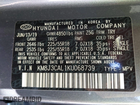 2019 Hyundai Tucson Ultimate with VIN KM8J3CAL1KU068739, listed as a IAAI auction lot 41738850 with 6,005 mi miles. Bid and sale history available at carsss.com. Image 9.