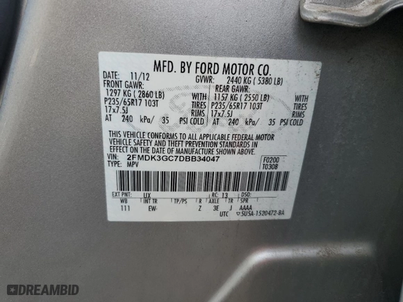 2013 Ford Edge SE with VIN 2FMDK3GC7DBB34047, listed as a Copart auction lot 45544215 with 218,036 mi miles and Salvage Title. Bid and sale history available at carsss.com. Image 13.