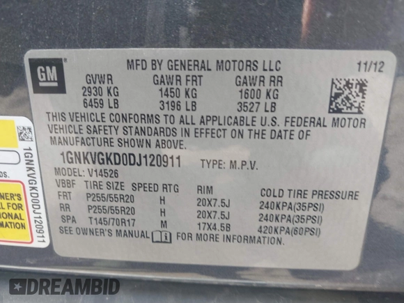 2013 Chevrolet Traverse LT with VIN 1GNKVGKD0DJ120911, listed as a IAAI auction lot 39715616 with 115,367 mi miles and . Bid and sale history available at DreamBid. Image 9.