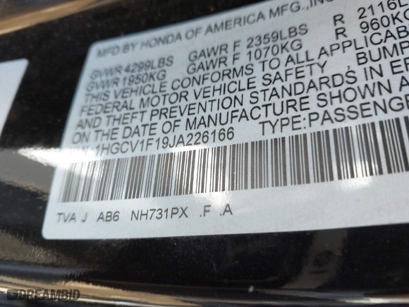 2018 Honda Accord Sedan LX 1.5T with VIN 1HGCV1F19JA226166, listed as a IAAI auction lot 41662603 with 77,157 mi miles. Bid and sale history available at carsss.com. Image 9.
