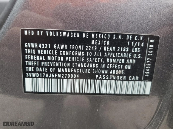 2015 Volkswagen Jetta Sedan 1.8T SE with VIN 3VWD17AJ5FM270004, listed as a Copart auction lot 53100795 with 132,399 mi miles and Clean Title. Bid and sale history available at carsss.com. Image 12.