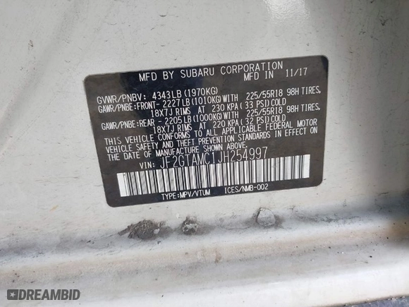 2018 Subaru Crosstrek Limited with VIN JF2GTAMC1JH254997, listed as a IAAI auction lot 41693990 with 180,798 mi miles. Bid and sale history available at carsss.com. Image 9.