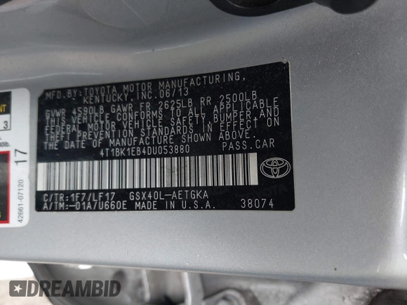 2013 Toyota Avalon XLE with VIN 4T1BK1EB4DU053880, listed as a IAAI auction lot 41605330 with 266,336 mi miles and . Bid and sale history available at DreamBid. Image 9.