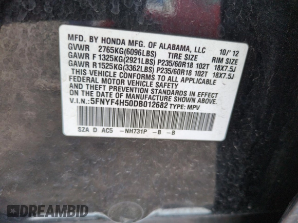 2013 Honda Pilot EX-L with VIN 5FNYF4H50DB012682, listed as a Copart auction lot 54604635 with 192,263 mi miles and Salvage Title. Bid and sale history available at DreamBid. Image 12.