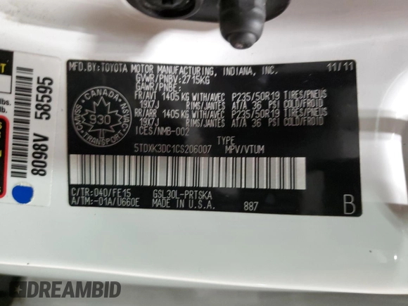 2012 Toyota Sienna SE with VIN 5TDXK3DC1CS206007, listed as a Copart auction lot 58061195 with 166,465 mi miles and Clean title. Bid and sale history available at DreamBid. Image 13.