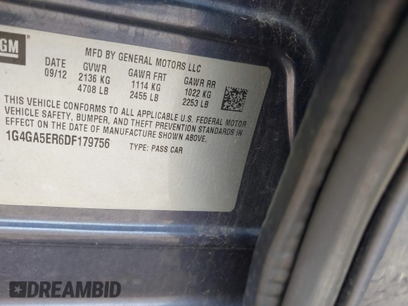 2013 Buick LaCrosse with VIN 1G4GA5ER6DF179756, listed as a IAAI auction lot 41880578 with 66,450 mi miles and . Bid and sale history available at DreamBid. Image 9.
