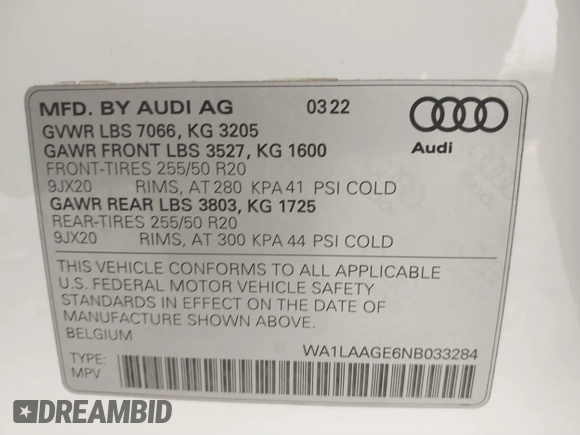 2022 Audi e-tron Premium Plus with VIN WA1LAAGE6NB033284, listed as a IAAI auction lot 41784457 with 30,964 mi miles and . Bid and sale history available at DreamBid. Image 9.