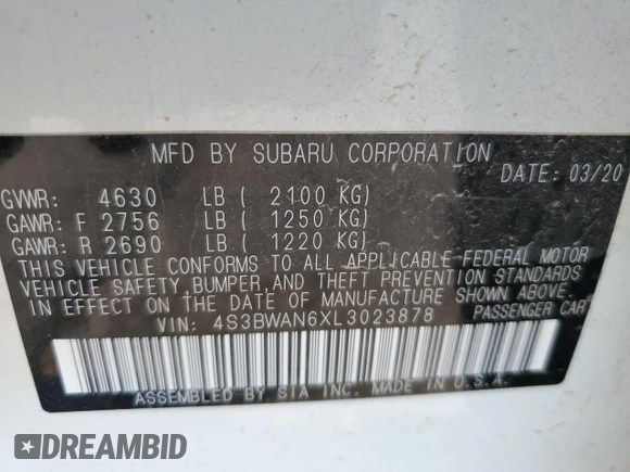 2020 Subaru Legacy Limited z VIN 4S3BWAN6XL3023878, wystawiony jako Copart lot #60931555 z przebiegiem 97 506 mil mil oraz Szkoda całkowita • Salvage title. Historia ofert i sprzedaży dostępna na DreamBid. Obrazek 12.