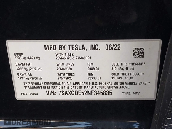 2022 Tesla Model X with VIN 7SAXCDE52NF345835, listed as a IAAI auction lot 41823522 with 24,401 mi miles and . Bid and sale history available at DreamBid. Image 9.