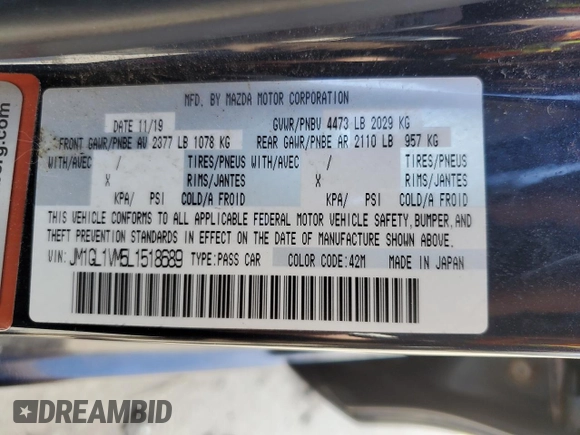 2020 Mazda 6 Touring with VIN JM1GL1VM5L1518689, listed as a Copart auction lot 49400115 with 66,445 mi miles and Salvage Title. Bid and sale history available at carsss.com. Image 12.