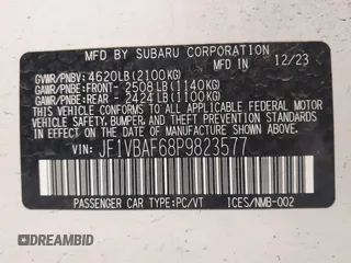 2023 Subaru WRX Premium с VIN JF1VBAF68P9823577, выставлен на аукционе IAAI как лот 42300844 с пробегом 13 055 миль миль и . История ставок и продаж доступна на DreamBid. Изображение 9.