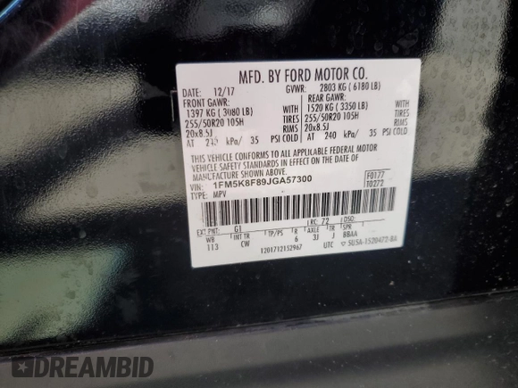 2018 Ford Explorer Limited z VIN 1FM5K8F89JGA57300, wystawiony jako Copart lot #58515275 z przebiegiem 113 278 mil mil oraz Szkoda całkowita • Salvage title. Historia ofert i sprzedaży dostępna na DreamBid. Obrazek 13.