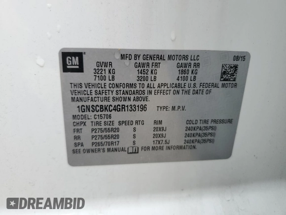 2016 Chevrolet Tahoe LT with VIN 1GNSCBKC4GR133196, listed as a Copart auction lot 50977715 with 130,586 mi miles and Clean title. Bid and sale history available at DreamBid. Image 13.