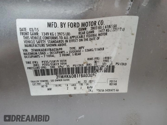 2015 Ford Flex Limited z VIN 2FMHK6D81FBA03699, wystawiony jako Copart lot #86915824 z przebiegiem 73 301 mil mil oraz Szkoda całkowita • Salvage title. Historia ofert i sprzedaży dostępna na DreamBid. Obrazek 13.