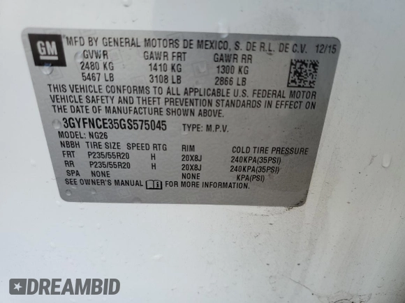 2016 Cadillac SRX Performance Collection with VIN 3GYFNCE35GS575045, listed as a Copart auction lot 57073055 with 72,820 mi miles and Salvage title. Bid and sale history available at DreamBid. Image 12.