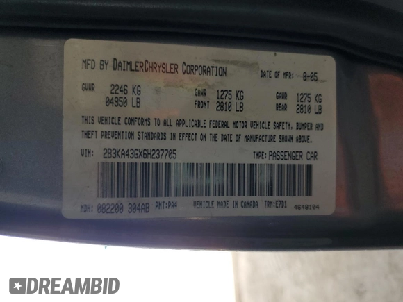 2006 Dodge Charger with VIN 2B3KA43GX6H237705, listed as a Copart auction lot 50974125 with 250,214 mi miles and Salvage Title. Bid and sale history available at DreamBid. Image 13.