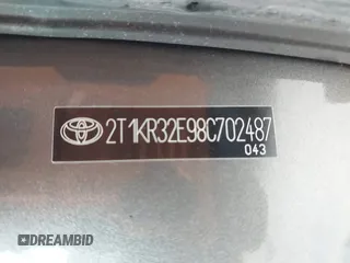 2008 Toyota Matrix STD with VIN 2T1KR32E98C702487, listed as a IAAI auction lot 42176342 with 117,650 mi miles and . Bid and sale history available at DreamBid. Image 9.
