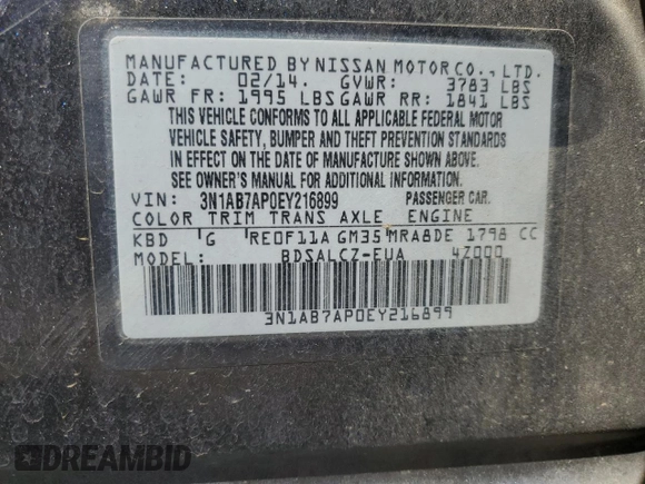 2014 Nissan Sentra SV with VIN 3N1AB7AP0EY216899, listed as a Copart auction lot 52231365 with 191,453 mi miles and Salvage Title. Bid and sale history available at DreamBid. Image 12.