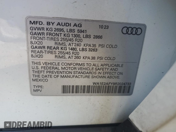 2024 Audi Q5 S line Premium Plus with VIN WA1E2AFY9R2024733, listed as a Copart auction lot 56827735 with Not provided miles and Salvage title. Bid and sale history available at DreamBid. Image 13.