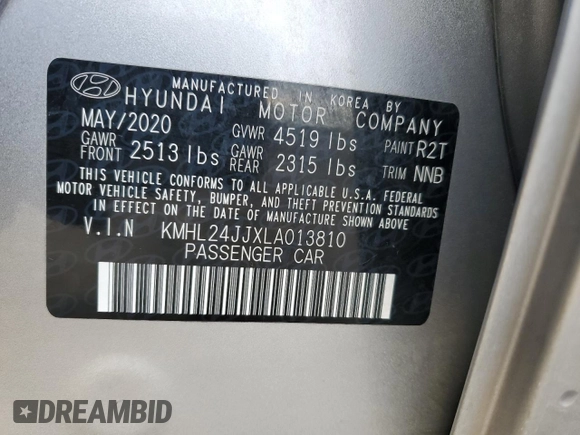 2020 Hyundai Sonata Hybrid Blue with VIN KMHL24JJXLA013810, listed as a Copart auction lot 85705614 with 211,019 mi miles and Clean Title. Bid and sale history available at carsss.com. Image 12.
