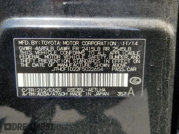2015 Lexus IS 250 z VIN JTHCF1D22F5022654, wystawiony jako Copart lot #50874095 z przebiegiem 106 767 mil mil oraz Szkoda całkowita • Salvage title. Historia ofert i sprzedaży dostępna na DreamBid. Obrazek 12.