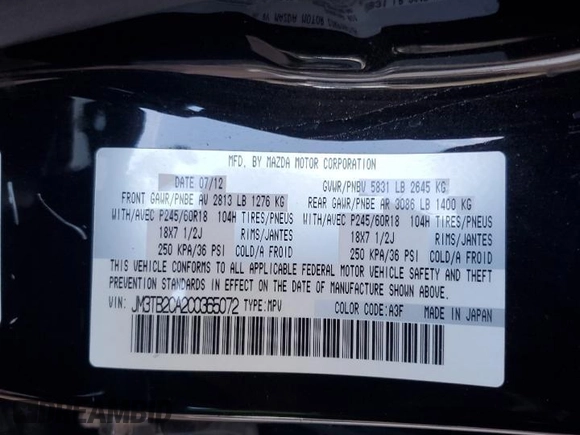 2012 Mazda CX-9 Touring z VIN JM3TB2CA2C0365072, wystawiony jako Copart lot #54186355 z przebiegiem 131 448 mil mil oraz Szkoda całkowita • Salvage title. Historia ofert i sprzedaży dostępna na DreamBid. Obrazek 13.