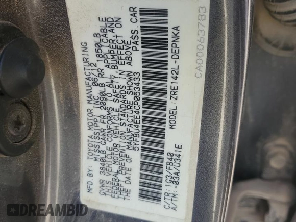 2012 Toyota Corolla L with VIN 5YFBU4EE4CP053433, listed as a Copart auction lot 85125594 with 112,349 mi miles and Salvage Title. Bid and sale history available at carsss.com. Image 12.