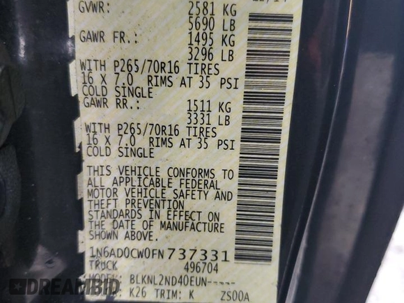 2015 Nissan Frontier SV z VIN 1N6AD0CW0FN737331, wystawiony jako Copart lot #84547974 z przebiegiem 183 064 mil mil oraz Szkoda całkowita • Salvage title. Historia ofert i sprzedaży dostępna na DreamBid. Obrazek 15.