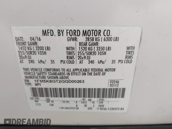 2016 Ford Explorer Sport with VIN 1FM5K8GT2GGD00263, listed as a IAAI auction lot 42341507 with 111,710 mi miles and . Bid and sale history available at DreamBid. Image 9.