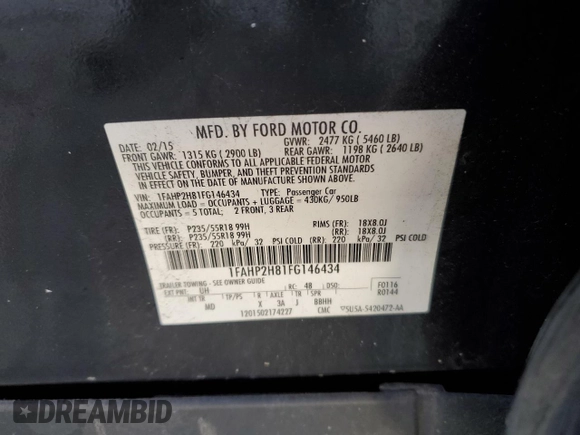 2015 Ford Taurus SEL with VIN 1FAHP2H81FG146434, listed as a Copart auction lot 50581805 with Not provided miles and Salvage title. Bid and sale history available at DreamBid. Image 14.