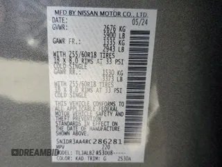 2024 Nissan Pathfinder S with VIN 5N1DR3AA4RC286281, listed as a Copart auction lot 54381925 with 16,150 mi miles and Salvage title. Bid and sale history available at DreamBid. Image 13.